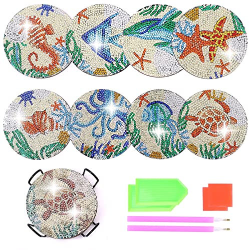 8 Pièces Diamant Peinture Dessous de Verre DIY Diamond Peinture Dessous de Verre avec Support, Bougie Dessous de Verre Mandala Acrylique Coaster Kit
