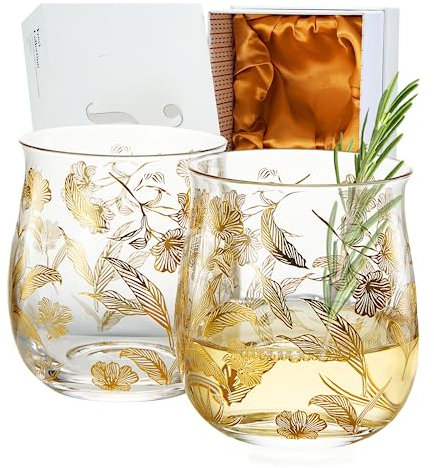 Vintage Gold Floral Decal Stemless Wine Glass - Tumbler | Set of 2 | 12 OZ, Golden Flower Etched Design, Cocktail Glassware - Wine, Manhattan, Champagne, Gin & Tonic, Regal Vine Leaf Design, Gifts