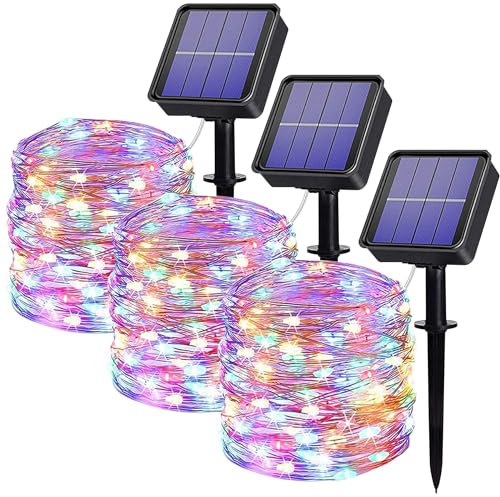 Augone 3 Pack Solar String Lights Outdoor, 120LED Solar Garden Lights Waterproof, 12M/39Ft 8 Modes Copper Wire Fairy Lights for Tree, Patio, Yard, Wedding, Christmas Decorations (Multi-Coloured)…