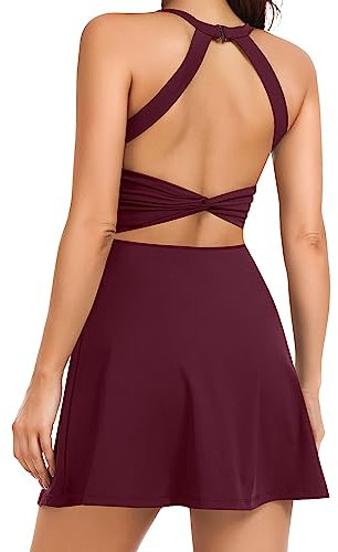 Damen Tennis-Golf-Kleid mit integrierten Shorts und BH-Workout-Sportbekleidung für Sport, Burgunder, X-Klein