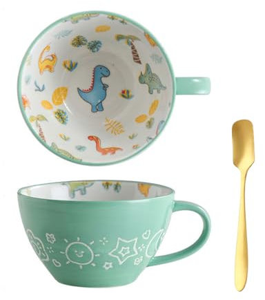 Xfeyaqlo Bol Déjeuner avec Anse 500ml, Tasse Déjeuner Grand Format, Tasse Cafe Céramique (Dinosaure)