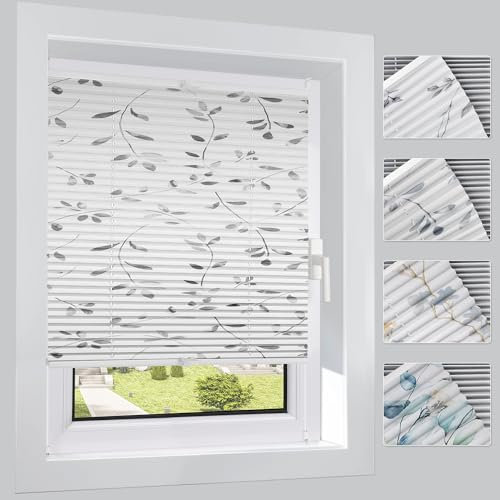 HOMEDEMO Plissee ohne Bohren Verdunkelung mit Weidenzweig Streifen Muster, Verdunklungsplissee Klemmfix, B90 x H90 cm, Sichtschutz Sonnenschutz, Rollos für Fenster und Tür