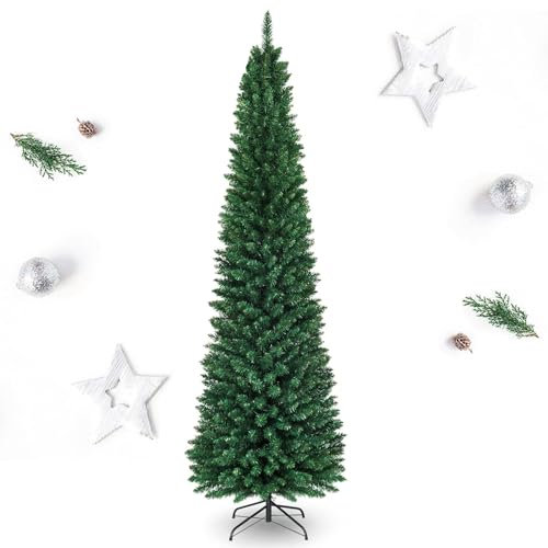 RELAX4LIFE Albero di Natale Slim 150/180/210/240 cm, Stretto e Alto, Rami Folti in PVC, Base in Metallo Pieghevole in Ferro,Albero Natale Artificiale Verde (240 cm)