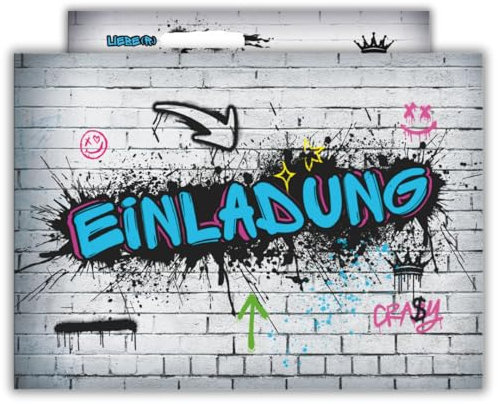 PRINTNOVIA 12x Einladungskarten für Kindergeburtstag & Party - Frech Buntes Graffiti-Design für Jungen - Perfekt für Einschulungen & Kinderparty – Geburtstagseinladungen Set