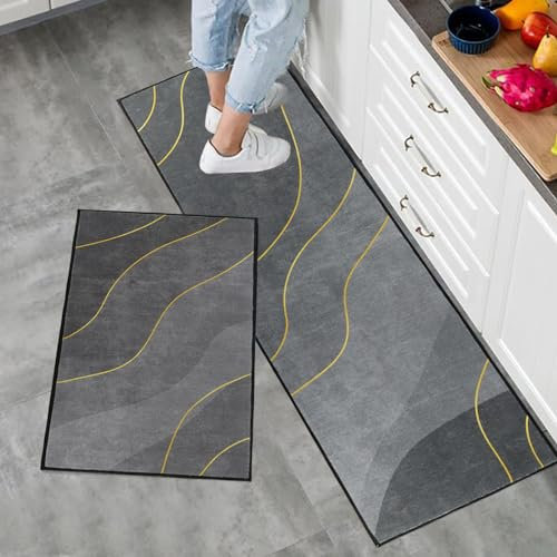 BWBIKE Juegos de Alfombras de Cocina 2 Piezas Alfombrillas Blandas Alfombrillas Antideslizantes Alfombra Súper Absorbente para Cocina Pasillo Lavadero 43 x 75 cm + 43 x 150 cm, Lineas