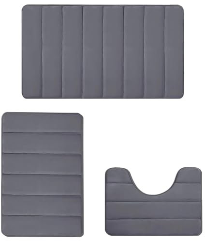 NZDFH Badezimmerteppich Set 3 teilig Badematte rutschfest Waschbar Badteppich Duschvorleger, Antirutschmatte Dusche, 40×60cm Badvorleger, 40×50cm WC Vorleger, 38×42cm Kleiner Badematten, Dunkelgrau