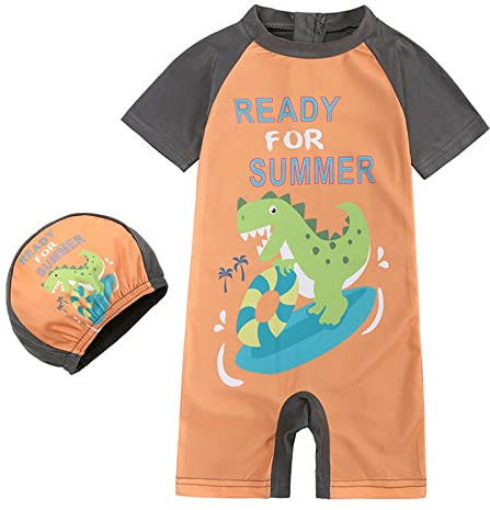 Traje de baño para niños pequeños y niñas, 1 pieza, con cremallera, con sombrero, protección solar UPF 50+, protección solar para bebé, dorado, 1-2 años