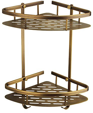 ImyHok Antik Bronze Duschablage Ecke Aufbewahrung Shampoo 2 Schicht Duschkörbe Messing Eckregal Dusche Badezimmer Zubehör Bohren Duscheckregal Wand Duschhalterung Eckbadregal mit Haken