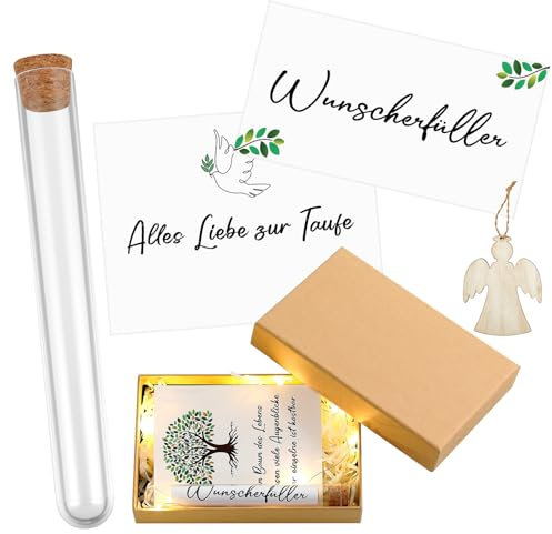 BBTO Taufgeschenke für Jungen Mädchen Taufe Geldgeschenk für Taufkind Patenkind inklusive Lebensbaum Wunscherfüller Reagenzglas Glückwunschkarte zur Taufe Holz Engel Anhänger Lichterkette Geschenkbox