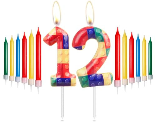 mciskin Bausteine Geburtstag Zahl 12 Kerzen, rot, gelb, grün, blau Kerzen für Kuchen, Partykerzen, Baustein-Themen-Geburtstagskuchenkerzen für Jungen Mädchen 12. Geburtstag Dekor