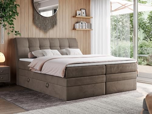 MKS MEBLE King Boxspringbett 180x200, Polsterbett 180x200 mit Bettkasten, Bett 180x200 mit Multipocket-Matratze H3, Boxspringbett 180x200 mit Kopfteil und Topper - H3 Braun Velvet - Gold-10