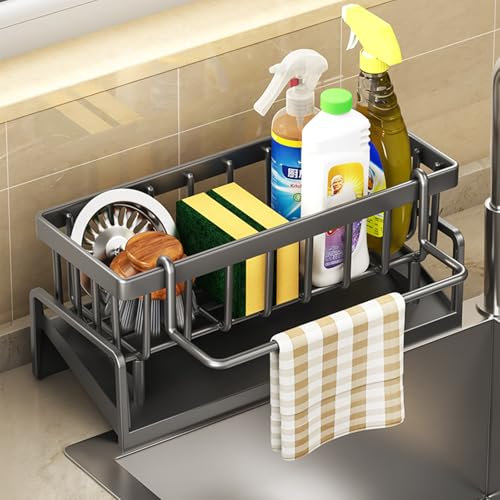 BRYN porte eponge evier cuisine, acier carbone support eponge evier cuisine, range eponge evier avec porte-serviettes, organisateur evier cuisine pour brosse, savon à vaisselle, salle de bain (Gris)