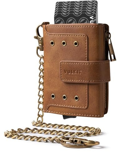 VULKIT Portefeuille Intelligent Homme avec Chaîne, Éjecteur de Cartes en Aluminium Sécurisé RFID, Fenêtre d'Identité, Poche à Pièces Fermeture Éclair + Compartiment à Billets - Boîte Cadeau (Marron)
