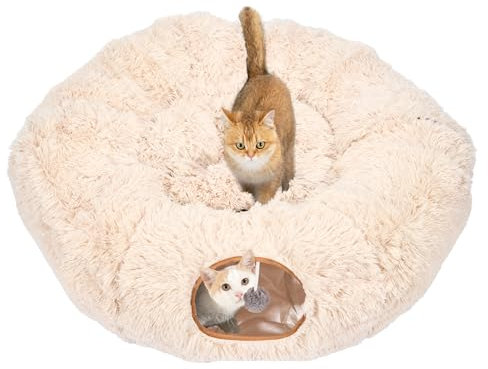 Avont Katzentunnel mit Zentralem Kissen, Weiche Katzenspielzeug Runde Multi-Function Versteck Katzenbett - Beige