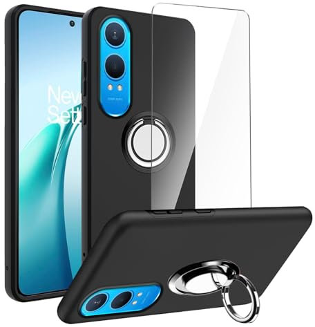 LYZXMY Hülle für OnePlus Nord CE4 Lite 5G(6.67) Schwarz Hülle + Drehringhalter + Gehärtetes Glas Displayschutz