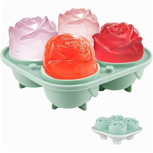 Ice Cube Trays for Freezer, Large Silicone Ice Cube Mold with Lid,Make 4 Giant 3D Cavity Rose Flower Shape Ice, BPA Free, Easy to Pop Out, Perfect for Soap Cocktails Juice Whiskey Jelly