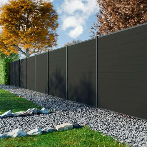 DECKLINEA Kit Cloture Composite RIO Anthracite 5,5x1,8m - Bois composite & Aluminium - Poteaux Gris - Recoupable - Occultation - Brise vue