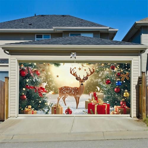 Chickwin Christmas Holiday Garage Door Banner Cover, Large Outdoor Backdrop Decoration Classic Red for Xmas New Year Merry Christmas Party Background Home Wall Photo Props (180x400cm,Reindeer)