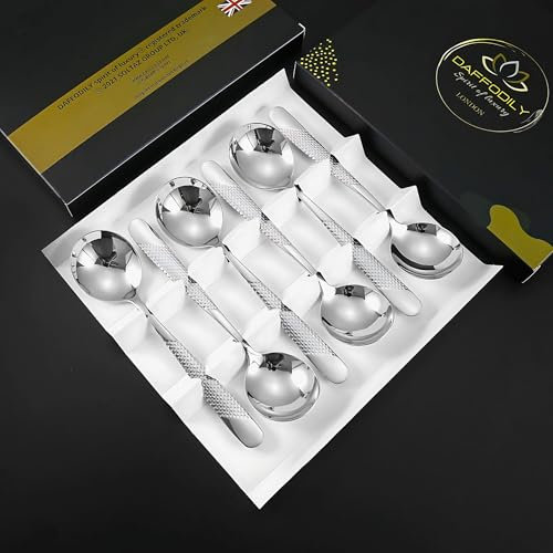 DAFFODILY® Luxury Cutlery Set, 18/10 Stainless Steel, Mirror Finish Kitchen Cutlery Sets, Dishwasher Safe, Ideal for New Home Gifts, Flatware Silverware Set (Silver Soup Spoon 6 Pc)