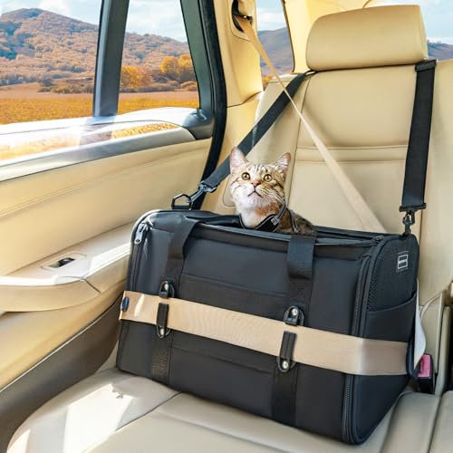 Petsfit Transportbox Katze Hundebox Auto Katzentransportbox Transportbox Hund - Faltbare Tragetasche mit 2 Patent-Schnallen für Autositz, 4-seitigem Netz & Abnehmbarem Kissen, M/Schwarz