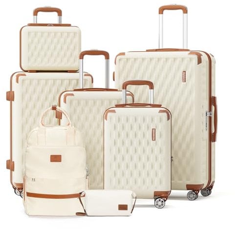 Melalenia Kofferset 7tlg Hartschale Leicht mit 4 Rollen und TSA-Schloss Der Gepäcksets Enthält 1 Kosmetikkoffer 1 Reiserucksack und 1 Kulturbeutel Weiß