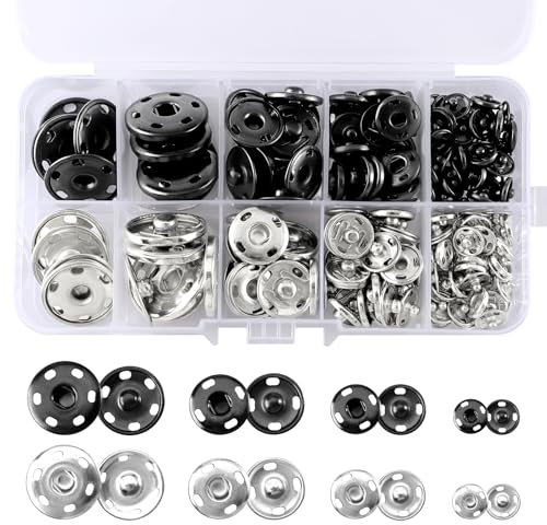 100 Sätze Druckknöpfe zum Annähen, 8,5mm, 12mm, 15mm, 21mm, Große Metall Druckknöpfe in Schwarz und Silber, mit Aufbewahrungsbox für Kleidung, Taschen, Geldbörsen, DIY-Projekte