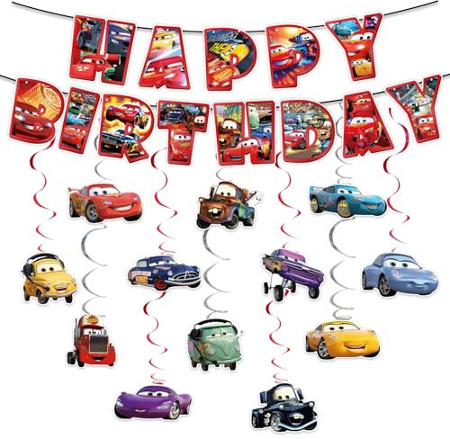Auto Geburtstagsdeko Banner, Car Geburtstag Swirl Decorations Geburtstagsdeko, Cartoon Hängende Luftschlangen, Happy Birthday Dekoration Kit für Kinder Thema Party Deko(D)