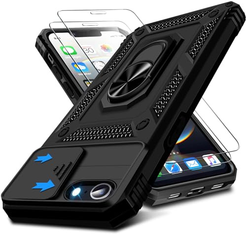 Coque pour iPhone 16e 2025 /pour iPhone 17e 2026 avec 2 Verre Trempé, Couvercle de l'appareil Photo Coulissant, 360° Anneau Support Antichoc Protection Militaire Housse Etui pour iPhone 17e (Noir)