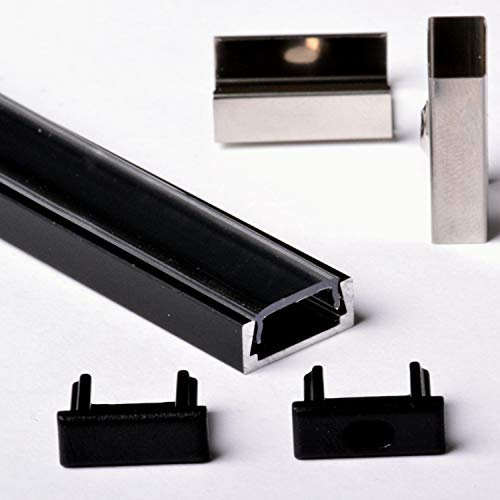 AFTERTECH 1metro 1506N 15x6mm Profilo Alluminio Nero Piatto con Copertura 1m Per Strisce Strip LED Barra Rigida 1MT + Cover Trasparente (1x 1m 1506N clear)