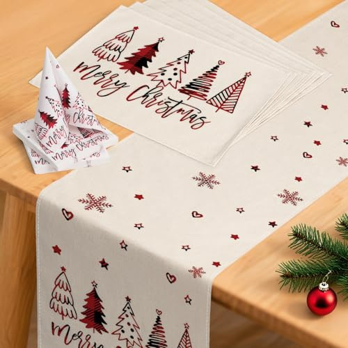 YCOLL Weihnachtsdeko Tisch Tischläufer Beige Winter Weihnachtsläufer Modern Wasserabweisend, mit Platzsets & Servietten Set für Drinnen Draußen Party Küche Esstisch Party Dekoration