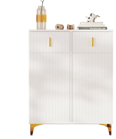 WEALTHOUSE Modernes Sideboard mit strukturierter Oberfläche, goldfarbenen Akzenten, verstellbaren Einlegeböden, Push-to-Open-System, Aufbewahrungsschrank mit Schubladen und stilvollen Füßen (Weiß)
