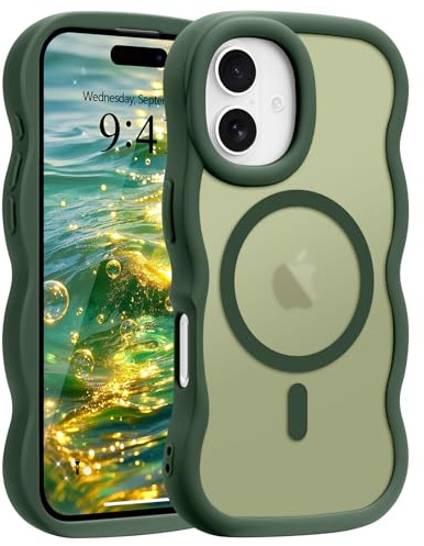 Pepmune Magnetic for iPhone 17 Case Translucent Matte Dark Green | Compatible with Magsafe,Cute Curly Wave Frame Case,Soft TPU Bumper Slim Fit Shockproof Protective Cover for Men-Dark Green