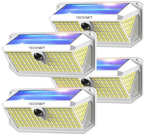 TECKNET Solarlampen für Außen mit Bewegungsmelder,416 LED Licht,4 Stück | 300°Superhelle LED Solar Wandleuchten für Außen,IP66 wasserdichte Solarlampen für Garten,Wand,und Outdoor Beleuchtung