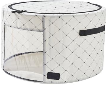 Periea 'Abby' Round Home Storage Boxes with Zip Lids, Front Window & Folding Steel Frame (Black Dot, Large)