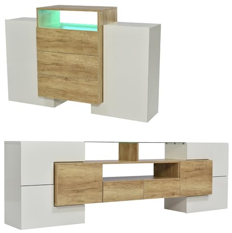 Azkoeesy Mueble de TV y Aparador - Conjunto de 2 Piezas para salón, con iluminación LED, Color Blanco Brillante y Natural, 200x35x60 cm + 140x30x77,5 cm
