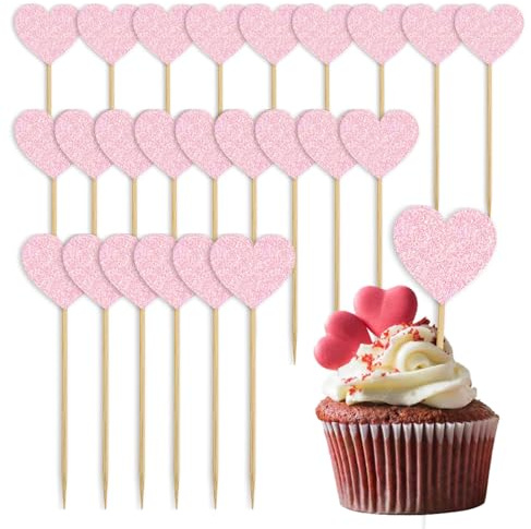 Muffin Deko Geburtstag,24 Stück Glitter Herz Cupcake Topper, Muffin Deko Cupcake Topper,Herzen Topper Cupcake,Liebe Herz Cupcake Toppers,für Hochzeit Party Jahrestag Valentinstag Kuchendeko (Rosa)