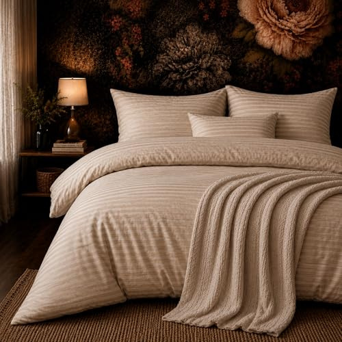 ZIRVEHOME Bettwäsche 200x200 cm 3-teilig – Beige Bettbezug mit feinem Streifenmuster – 1x Bettbezug 200x200 + 2X Kissenbezüge 80x80 – Renforcé Baumwolle – Pflegeleichte Ganzjahresbettwäsche Beige