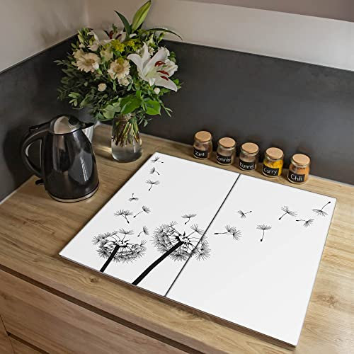 banjado® Herdabdeckplatte Glas 2-teilig 60x52 cm/Schneidebrett Herdabdeckung mit Motiv Pusteblume 2 / Herdabdeckplatten Ceranfeld 2teilig / Schneidebrett Glas individuell einsetzbar