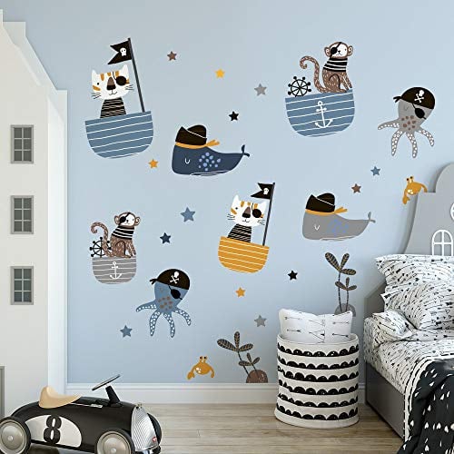 kina - UVB00529 Wandaufkleber für Kinderzimmer gedruckt auf transparentem PVC Dekoration Tiere Pirati Kinderzimmerwand - Messen 130x30 cm
