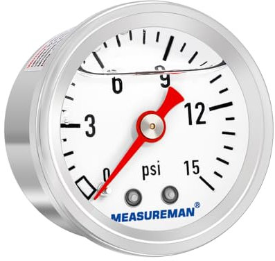 MEASUREMAN 1-1/2 Dial Size, Glycerin Filled Fuel Pressure Gauge, 304 Stainless Steel case, 0-15Psi, 3-2-3%, 1/8 NPT Back Mount
