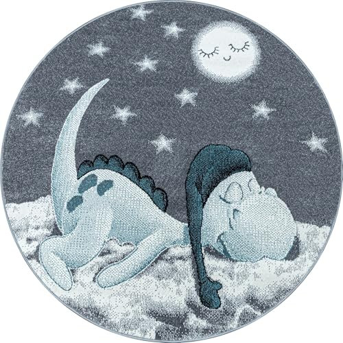 Carpetsale24 Kinderteppich süßes Dinosaurier Muster Blau und Grau 160 cm Rund - Kurzflor Teppich Kinderzimmer Babyzimmer für Mädchen und Junge Extra Weich Pflegeleicht Spielteppich Babyteppich Runder
