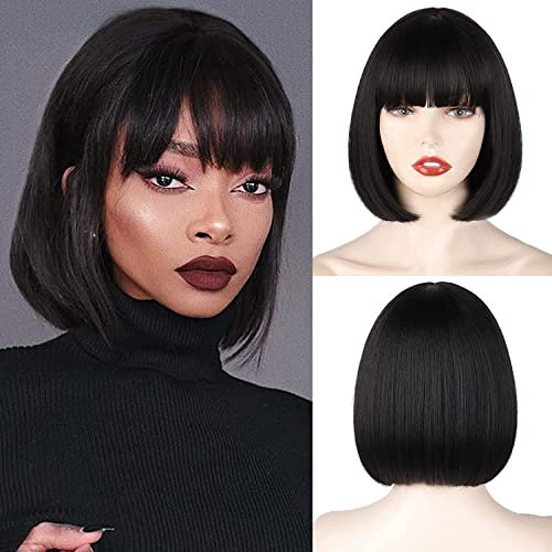 Creamily Perücke Bob Kurze Schwarze, 25,4 cm, Gerade mit Flachem Pony, Synthetische Bunte Perücke Cosplay Halloween für tägliche Partys für Damen, Natürlich wie Echtes Haar