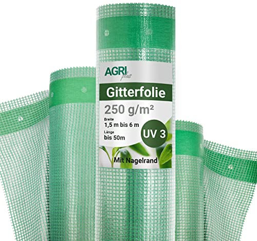 AGRI plus Gitterfolie 4 m breit - Länge wählbar I Stabile 250 g/m² Gewebeplane mit Nagelrand I Transparente Gartenfolie für langfristige Abdeckungen I Wetterfest & 3 Jahre UV-beständig