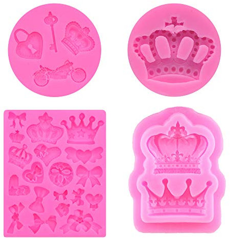 Lsydgn 4 Piezas Moldes Pajarita Corona Molde Fondant Bowknot Silicona Con Forma Molde Para Tarta De Fondant Herramientas Decoración para Arcilla Polimérica Chocolate (Rosado)