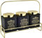 Set of 3 Vintage Canisters Tea, Sugar, Coffee with Gold Colour Stand & Lid -Black