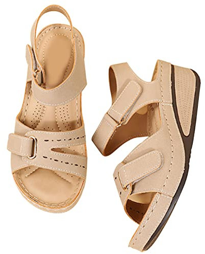 Sandales compensées cuir femme été confortable, Sandales orthopédiques en cuir respirant femme Chaussures Pieds Larges à Bout Ouvert Sandale Randonnee Chaussures De Loisirs