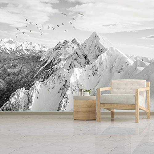 Wandtapete,Retro-Schwarz-Weiß-Alpen-Schnee-Berg-Vogelschwarm, Große Selbstklebende Tapete Zum Abziehen Und Aufkleben, Abnehmbares Kontaktpapier, Vinyl-Wandbild, Geeignet Für Dekoratives Schlafzimmer