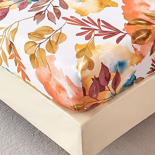 Spannbettlaken 140x200 cm - Bunte Herbst Blumenmuster - Spannbettuch Bis 30 cm Matratzenhöhe - Bettlaken Weiche Polyester-Mikrofaser Senfgelb