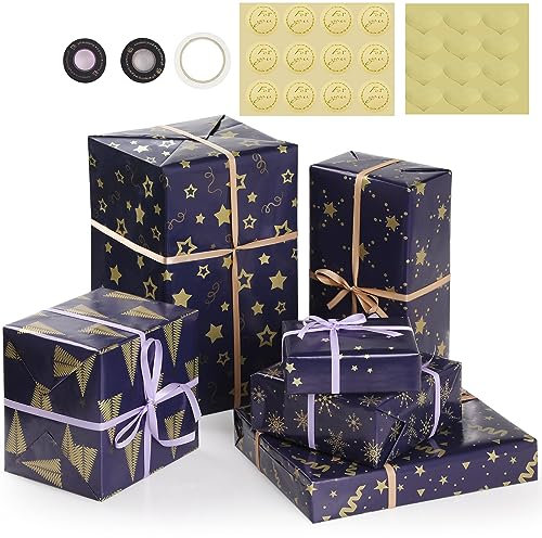 Bigqin Geschenkpapier Geburtstag, 6 Blätter 50 x 70 cm Geschenkpapier Weihnachten Dunkelblau Gold Geschenkverpackung Set mit Band Aufkleber Doppelseitigem Klebeband
