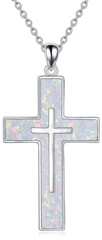 YFN Weiß Opal Kreuz Halskette Sterling Silber Kreuz Anhänger Schmuck Geschenke für Damen Herren